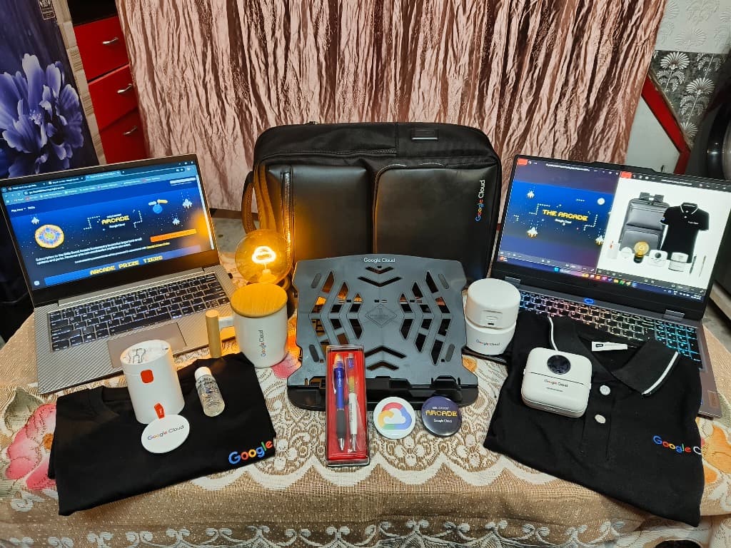 Full layout of Google Cloud program rewards, accessories, and tech items.